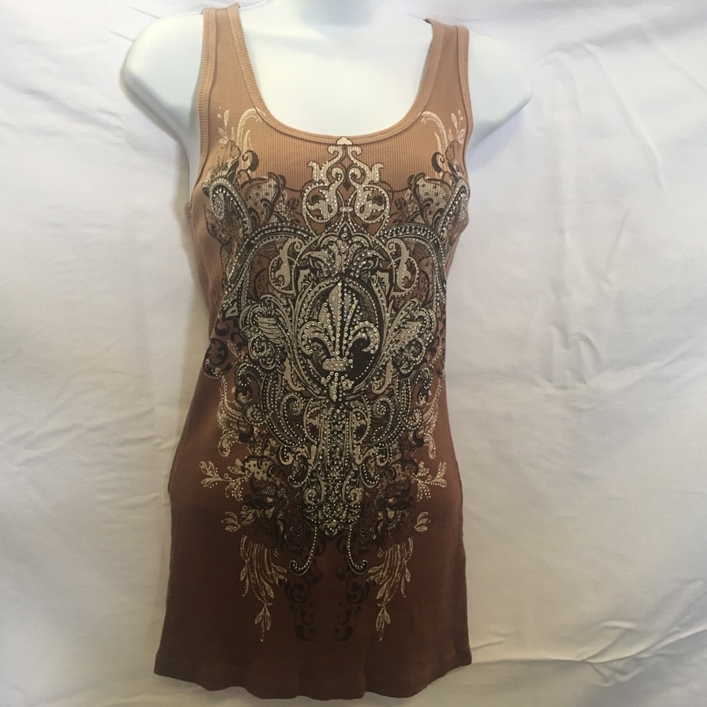 Vocal Brown Embellished Scoop Neck Tank